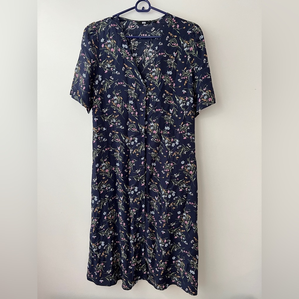 Uniqlo Floral Midi Dress - Dark Blue and Pink